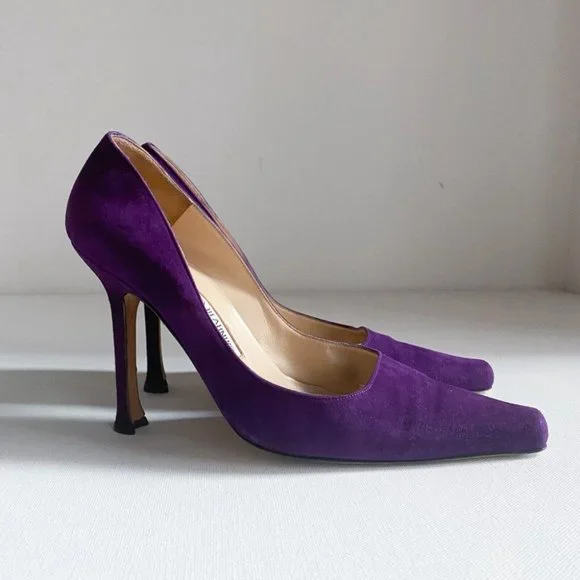 Vintage Manolo Blahnik Royal Purple Suede Classic Heels 38.5 - Picture 2 of 12